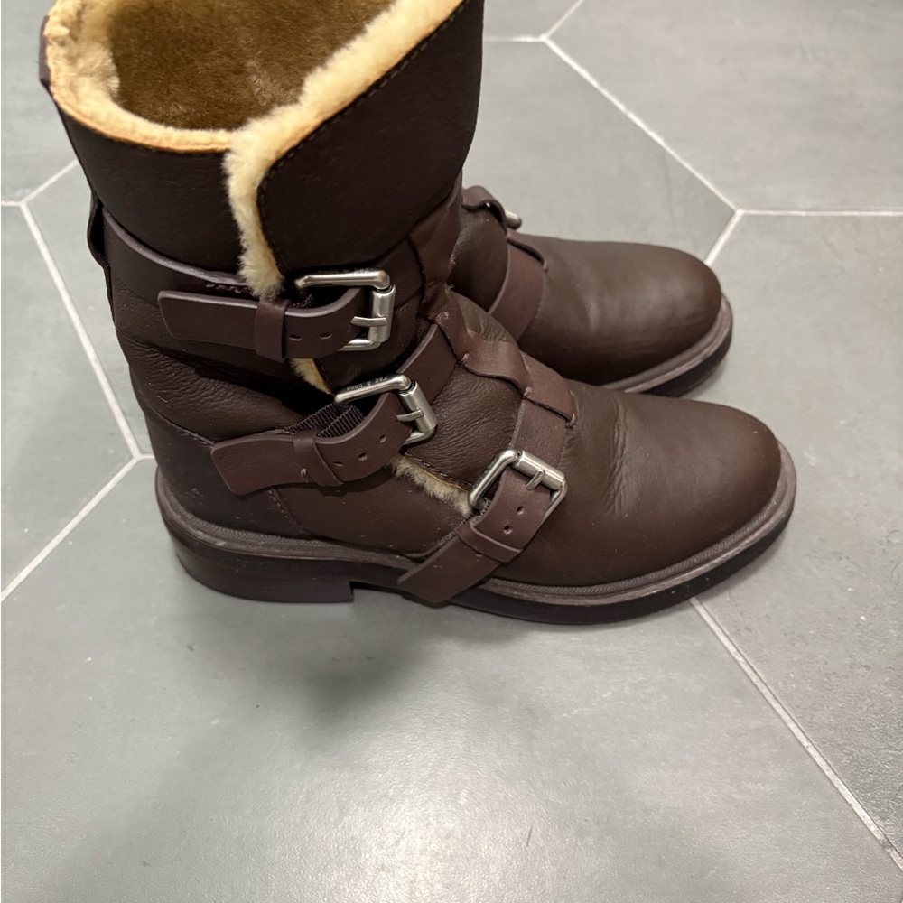 Rag & Bone Dark Brown Leather Moto Boots with Buckles - Picture 4 of 9